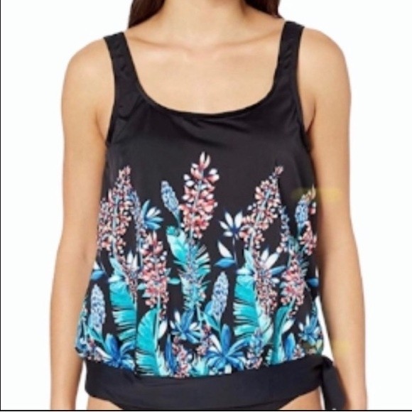 Maxine Of Hollywood Tankini top waist tie Floral print blouson size 8 - Picture 1 of 12